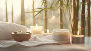 A moisturizer tub is placed on a plush white towel next to a bowl of aromatic essential oils and a few lit candles. photo