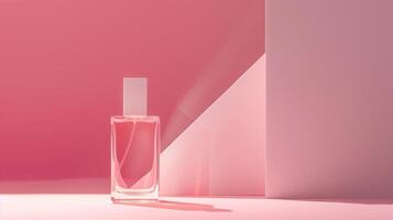A bottle of pink perfume with a white cap stands on the ground, with a pink background. photo