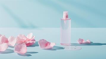 A bottle of toner with petals on each side on a pastel blue background with light pink accents. photo