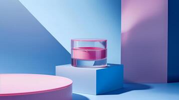 A round jar of hair mask with light pink texture on a blue and purple background. photo