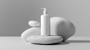 A bottle of skincare product on the top of large stones stacked together. photo