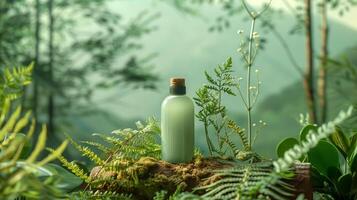 A bottle of green beauty product is placed on a horizontal piece of dry wood in the middle. photo