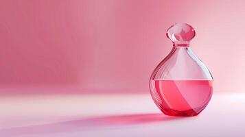 A pink perfume bottle made of red glass with flowing and undulating lines. photo