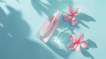 A bottle of toner with petals on each side on a pastel blue background with light pink accents. photo