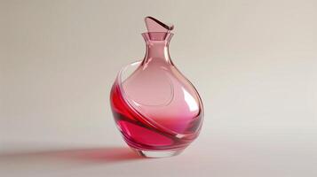 A pink perfume bottle made of red glass with flowing and undulating lines. photo