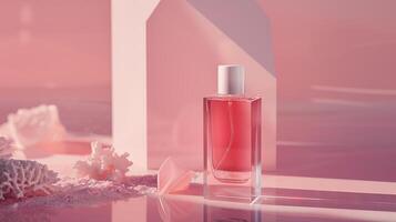 A bottle of pink perfume with a white cap stands on the ground, with a pink background. photo