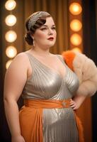 Portrait of beautiful plus size woman in a luxurious dress photo
