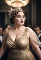 Portrait of beautiful plus size woman in a luxurious dress photo