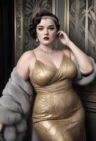 Portrait of beautiful plus size woman in a luxurious dress photo