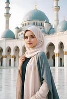 A young beautiful woman wearing hijab dress standing in front of a mosque in the background photo