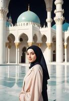 A young beautiful woman wearing hijab dress standing in front of a mosque in the background photo