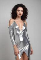Portrait of the beautiful girl in a silver dress photo
