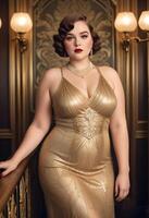 Portrait of beautiful plus size woman in a luxurious dress photo