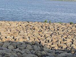 the sunny coastline is littered with large, sharp rocks that divide the sea from the land. photo