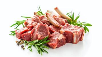 Raw lamb chops on a white background, garnished with rosemary and peppercorns, perfect for recipes, menus, or food blogs seeking high-quality, appetizing meat imagery photo