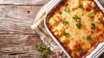 Cauliflower Vegetable Casserole with Cheese, Eggs, and Cream, Close-Up in Baking Dish on Table, Horizontal Top View photo