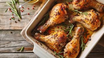 Chicken Legs with Rosemary Close-Up in Baking Dish photo