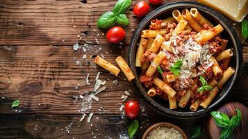 Pasta Ziti with Bolognese Sauce and Cheese Close-Up photo