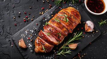 Roast Duck Fillet with Herbs and Spices on Slate Board photo