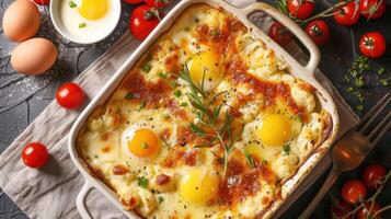 Cauliflower Vegetable Casserole with Cheese, Eggs, and Cream, Close-Up in Baking Dish on Table, Horizontal Top View photo