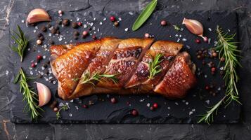 Roast Duck Fillet with Herbs and Spices on Slate Board photo
