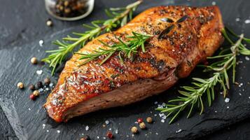 Roast Duck Fillet with Herbs and Spices on Slate Board photo