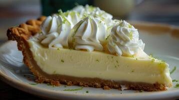 Delicious Key Lime Pie with Whipped Cream and Zesty Peel Close-Up, Horizontal Shot for Food Lovers photo