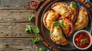 Rustic Traditional Empanadas with Sauce photo