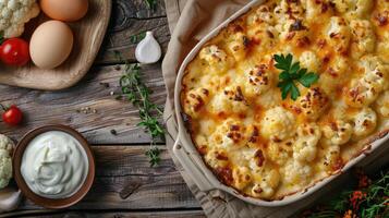 Cauliflower Vegetable Casserole with Cheese, Eggs, and Cream, Close-Up in Baking Dish on Table, Horizontal Top View photo