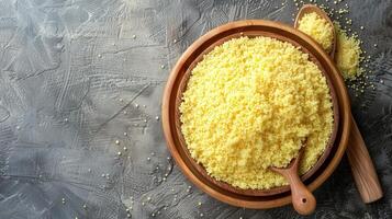 Raw Couscous in Wooden Bowl and Spoon photo