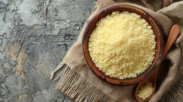 Raw Couscous in Wooden Bowl and Spoon photo