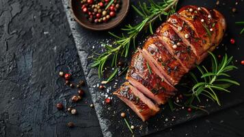 Roast Duck Fillet with Herbs and Spices on Slate Board photo