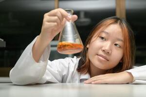 Little scientists children is looking at erlenmeyer flask containing chemicals to perform experiments in the laboratory. photo