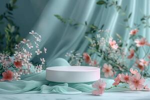 Minimalist round 3D platform with a smooth matte finish, situated against a pastel floral background. The delicate abstract floral patterns in soft tones create a gentle and serene backdrop. Soft, photo