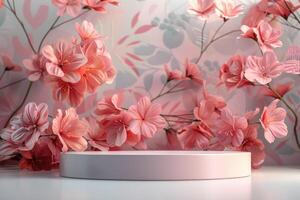 Round minimalist 3D platform with a sleek matte surface, positioned in front of a pastel floral background. The background features subtle, abstract floral patterns in muted shades. Soft and diffused photo