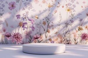 Minimalist 3D round platform with a subtle matte finish, featured against a pastel floral background. The background showcases delicate, abstract floral patterns in muted tones, creating a serene photo