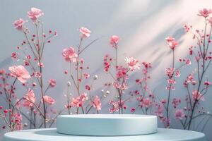 Minimalist round 3D platform with a smooth matte finish, situated against a pastel floral background. The delicate abstract floral patterns in soft tones create a gentle and serene backdrop. Soft, photo