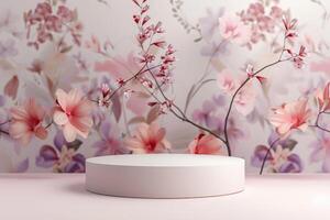 Minimalist 3D round platform with a smooth matte finish, placed against a soft, pastel floral background. The delicate, abstract floral patterns in muted tones create a serene backdrop. Soft, photo