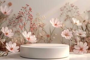 Minimalist 3D round platform with a smooth matte finish, placed against a soft, pastel floral background. The delicate, abstract floral patterns in muted tones create a serene backdrop. Soft, photo