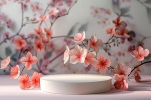 Elegant minimalist 3D round platform on a soft pastel floral background. The platform's smooth matte finish contrasts with the delicate abstract floral patterns in muted tones. Soft, diffused photo
