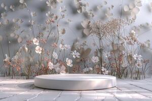 Minimalist 3D round platform with a subtle matte finish, featured against a pastel floral background. The background showcases delicate, abstract floral patterns in muted tones, creating a serene photo
