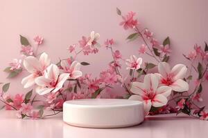 Simple yet elegant 3D round platform with a matte finish, set against a pastel floral background. The delicate abstract floral patterns in soft hues create a gentle and serene backdrop. Diffused photo