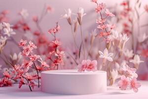 Simple yet elegant 3D round platform with a matte finish, set against a pastel floral background. The delicate abstract floral patterns in soft hues create a gentle and serene backdrop. Diffused photo