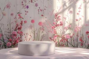 Minimalist 3D round platform with a subtle matte finish, featured against a pastel floral background. The background showcases delicate, abstract floral patterns in muted tones, creating a serene photo