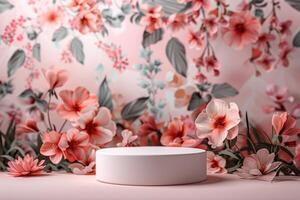Elegant minimalist 3D round platform on a soft pastel floral background. The platform's smooth matte finish contrasts with the delicate abstract floral patterns in muted tones. Soft, diffused photo