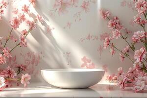 Minimalist round 3D platform with a smooth matte finish, situated against a pastel floral background. The delicate abstract floral patterns in soft tones create a gentle and serene backdrop. Soft, photo