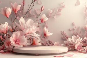 Minimalist 3D round platform with a smooth matte finish, placed against a soft, pastel floral background. The delicate, abstract floral patterns in muted tones create a serene backdrop. Soft, photo