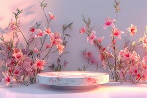 Clean and minimalist 3D platform with a round base, set against a serene pastel floral background. The platform's sleek, matte finish is complemented by the delicate, abstract floral patterns in photo