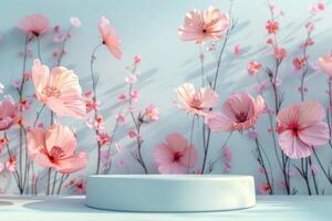 Minimalist round 3D platform with a smooth matte finish, situated against a pastel floral background. The delicate abstract floral patterns in soft tones create a gentle and serene backdrop. Soft, photo