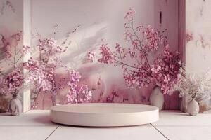 Elegant minimalist 3D round platform on a soft pastel floral background. The platform's smooth matte finish contrasts with the delicate abstract floral patterns in muted tones. Soft, diffused photo